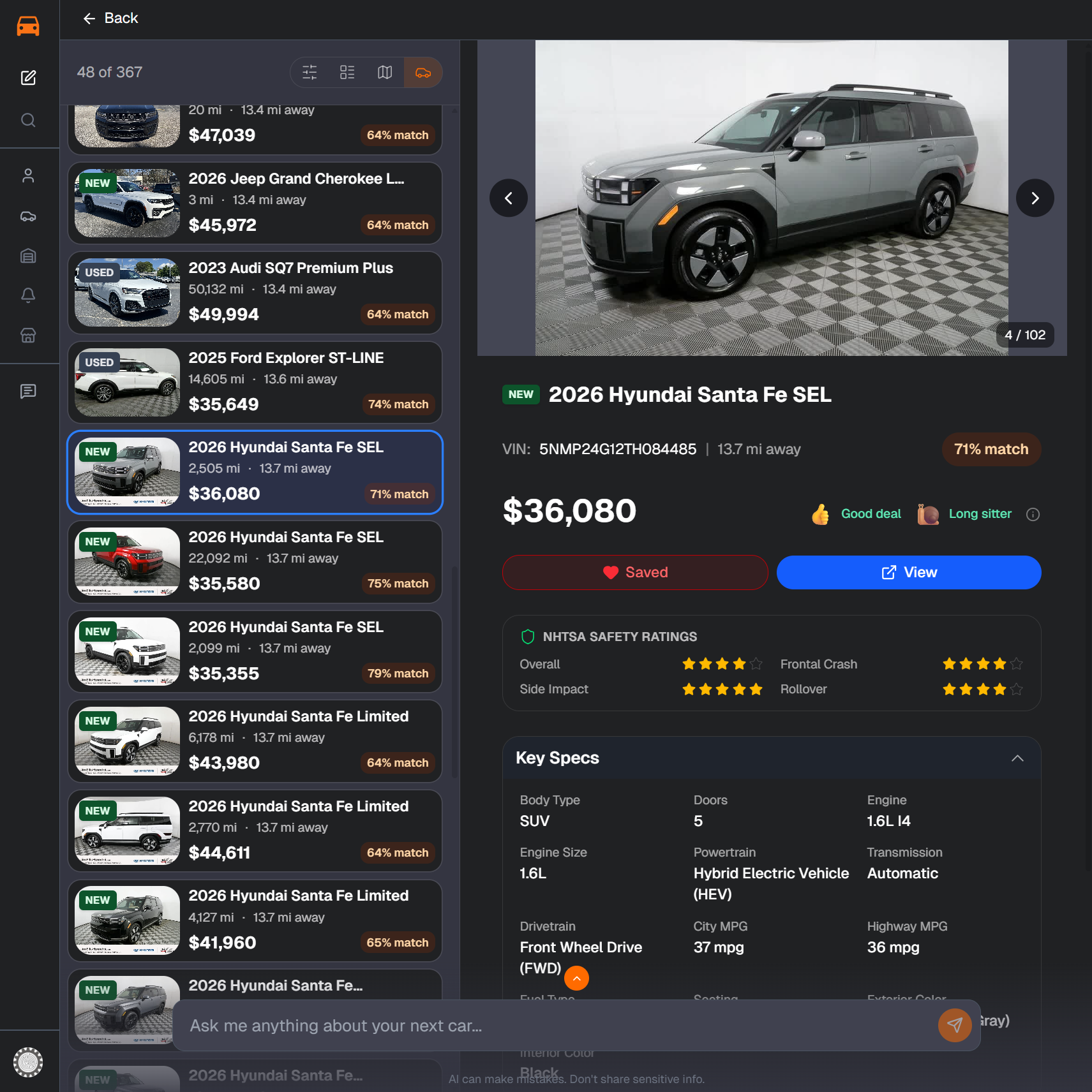Search canvas — VIN details with filters, results list, and map, dark theme
