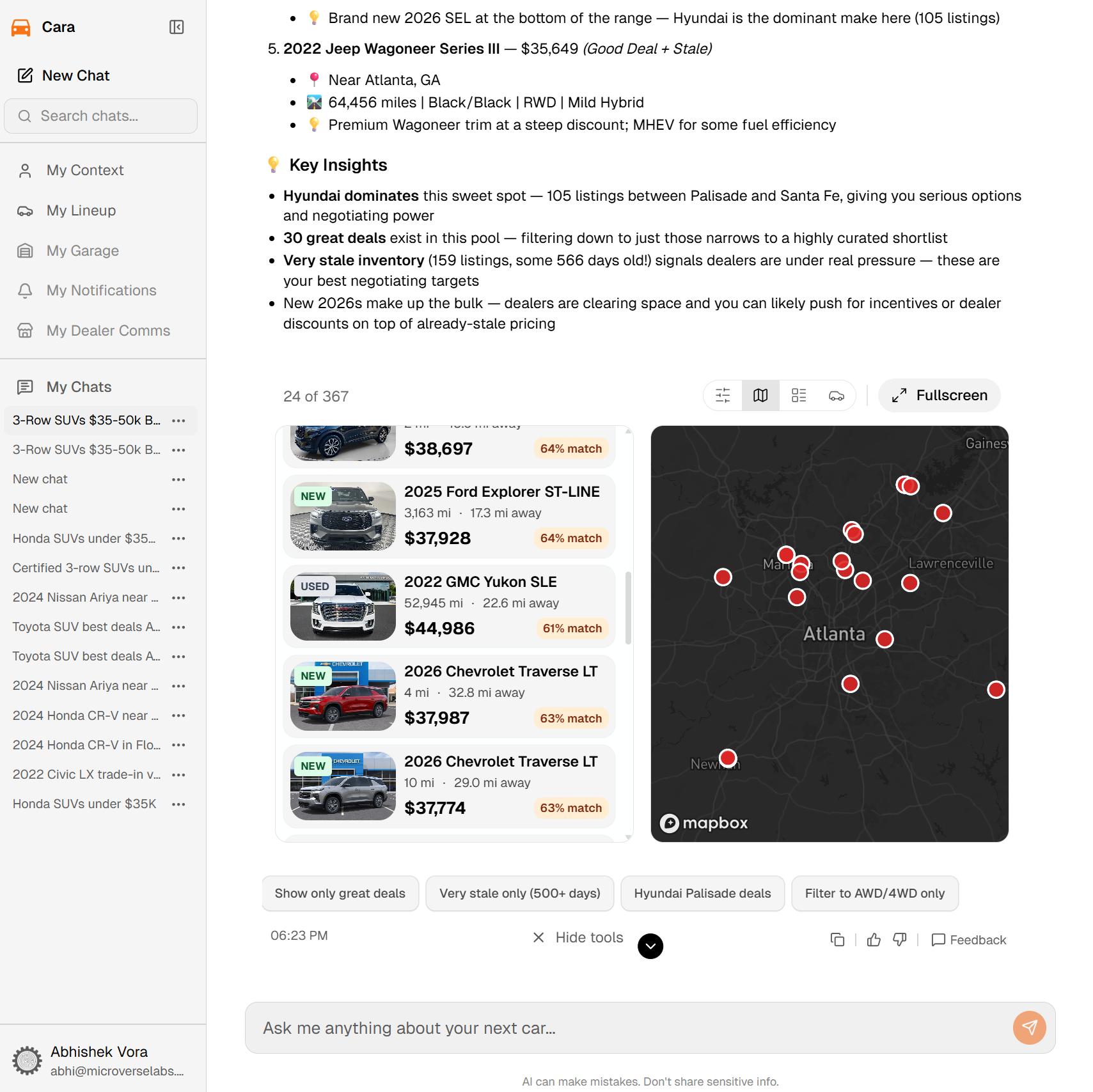 Cara app shell — chat with sidebar and widget panel showing a VIN evaluation